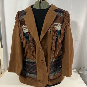 Women's Brown Fringe Southwestern-Accent Blazer XL